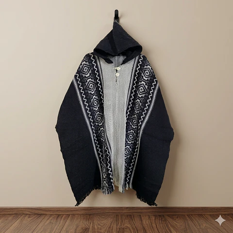 PONCHO DE LANA COQUEADO GEOMETRICO OSCURO