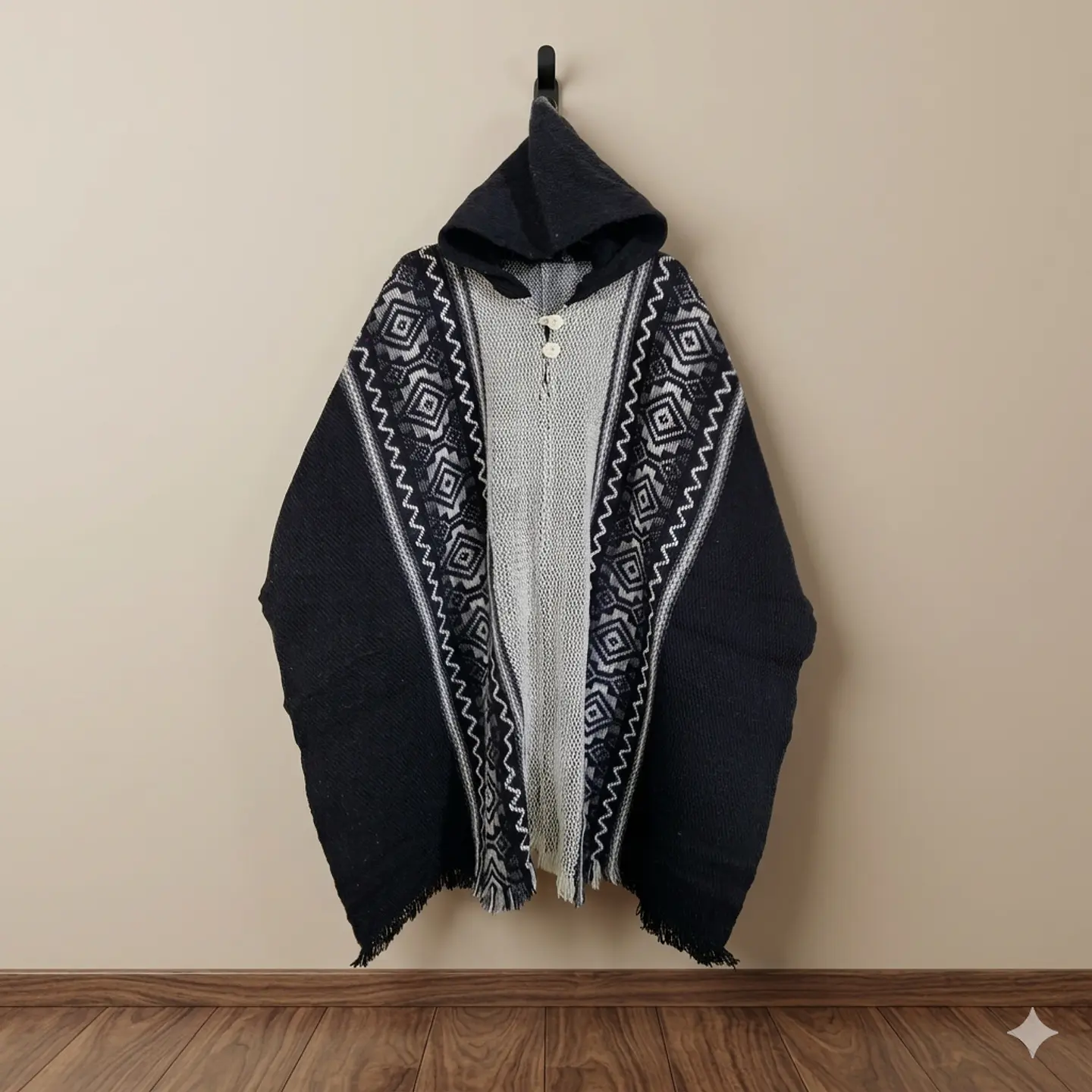 PONCHO DE LANA COQUEADO GEOMETRICO OSCURO 1
