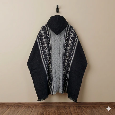 PONCHO DE LANA COQUEADO GEOMETRICO OSCURO