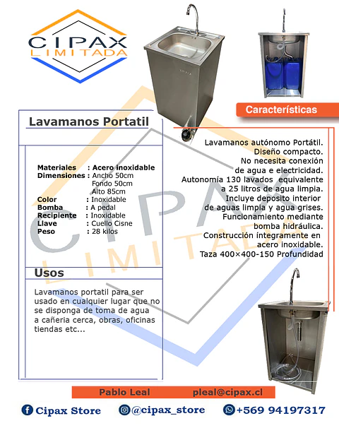 LAVAMANOS PORTATIL DE ACERO INOXIDABLE