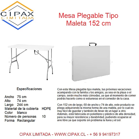 Mesa Plegable Tipo Maleta 152 cm