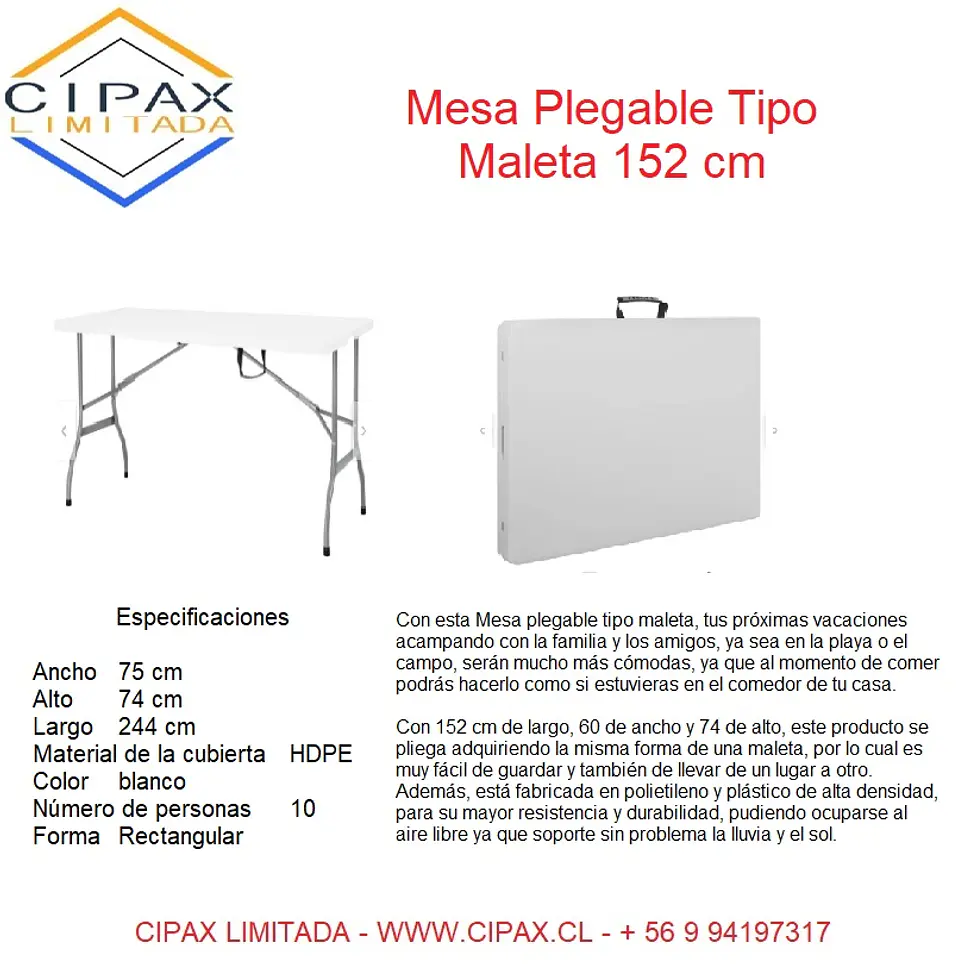 Mesa Plegable Tipo Maleta 152 cm 1