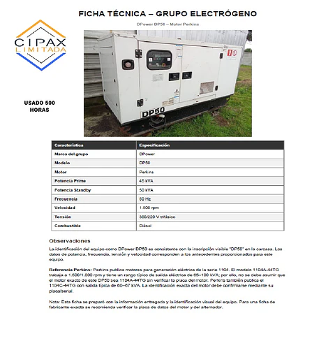 GRUPO ELECTRÓGENO GENERADOR DPower DP50 – Motor Perkins