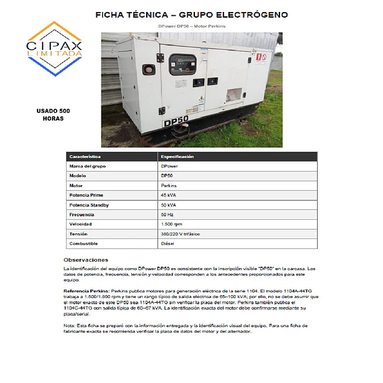 GRUPO ELECTRÓGENO GENERADOR DPower DP50 – Motor Perkins
