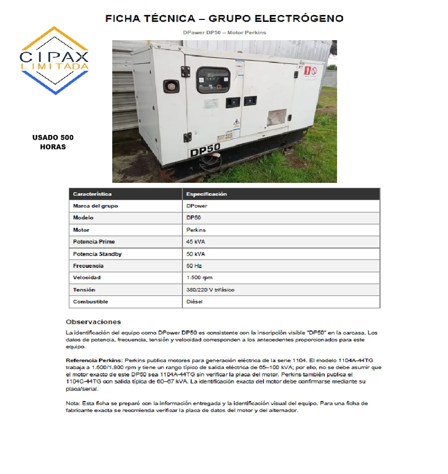 GRUPO ELECTRÓGENO GENERADOR DPower DP50 – Motor Perkins 1
