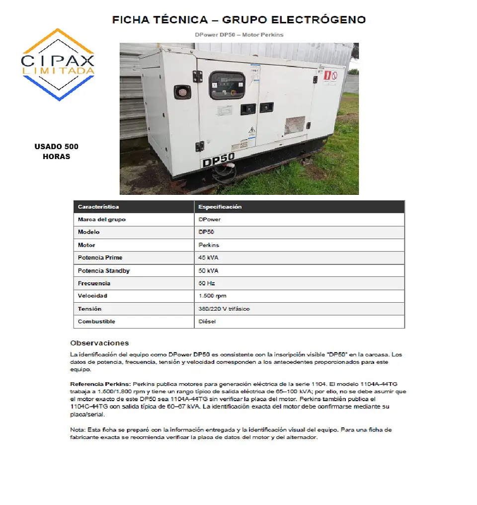 GRUPO ELECTRÓGENO GENERADOR DPower DP50 – Motor Perkins 1