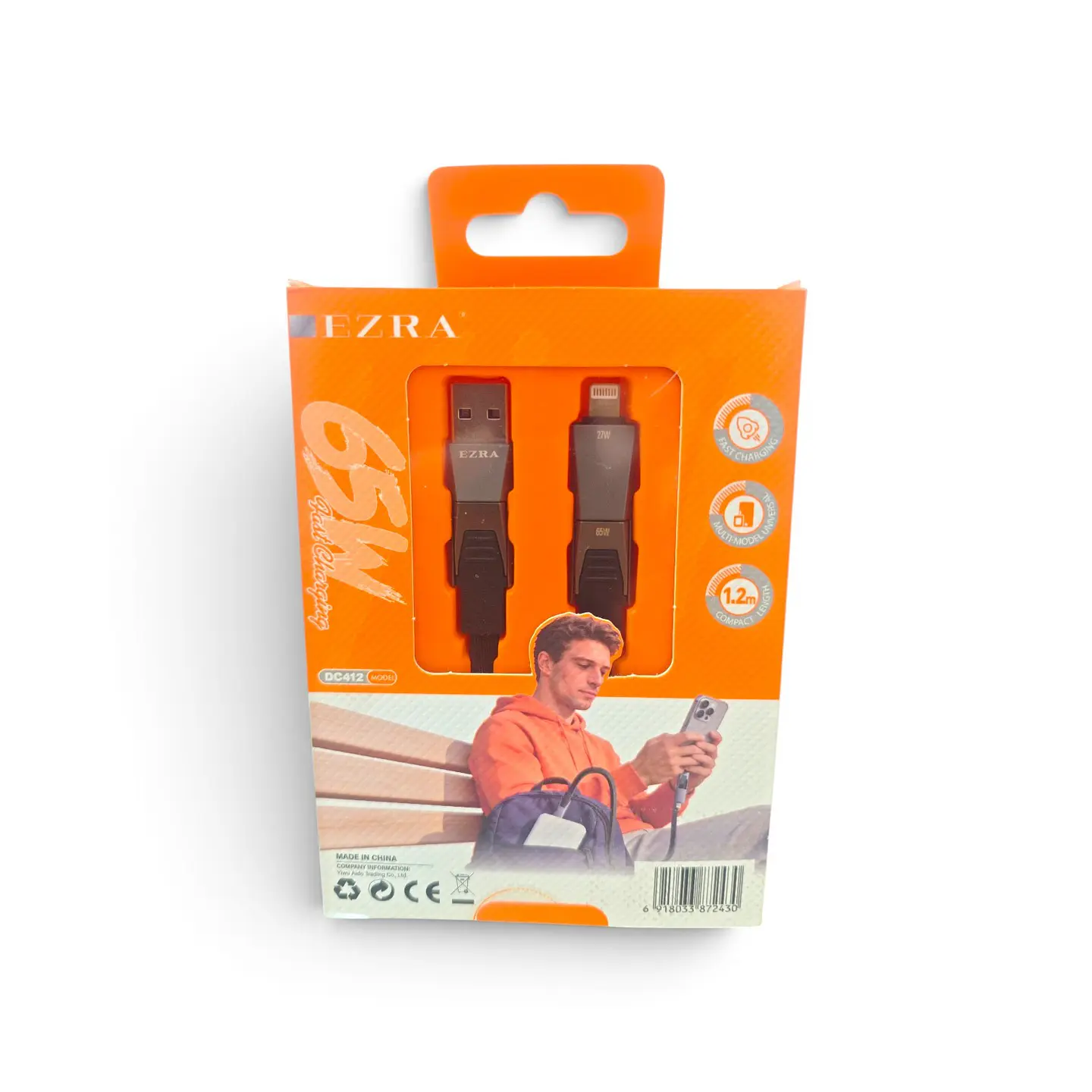 Cable Universal 4 en 1 Ezra DC412 — Carga Rápida 65W, USB-A/Tipo-C a Tipo-C/Lightning 2