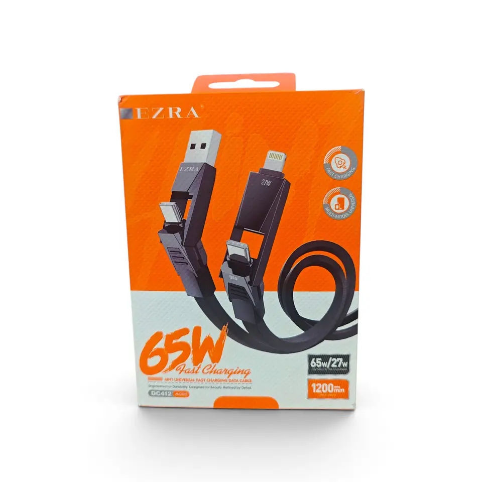 Cable Universal 4 en 1 Ezra DC412 — Carga Rápida 65W, USB-A/Tipo-C a Tipo-C/Lightning 1