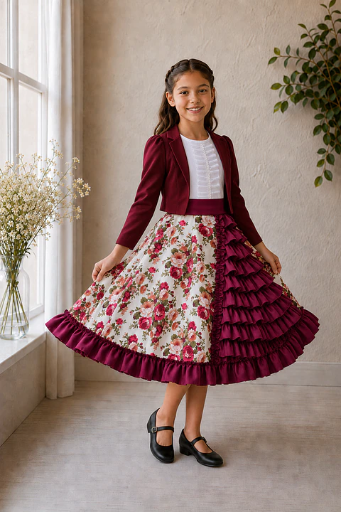 Vestido de Huasita Infantil Burdeo Floral