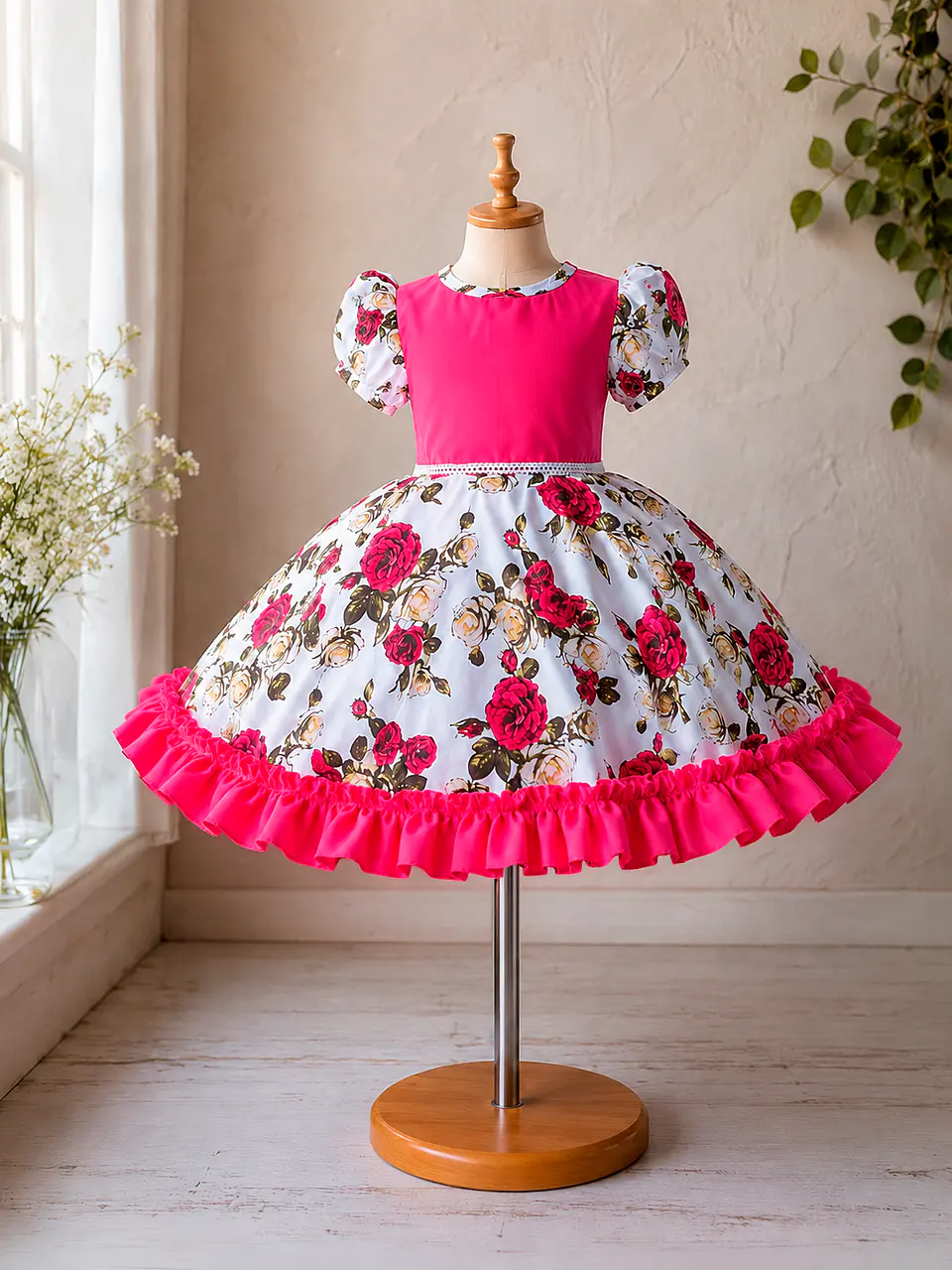 Vestido de Huasita Infantil Fucsia con Rosas 2