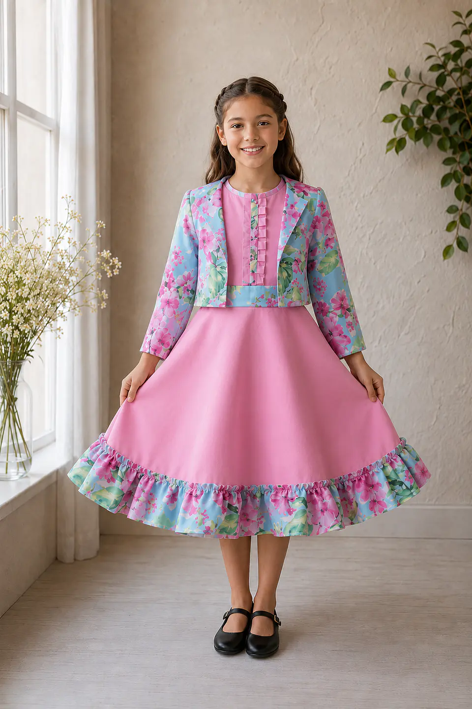Vestido de Huasita Infantil Rosado Floral 3