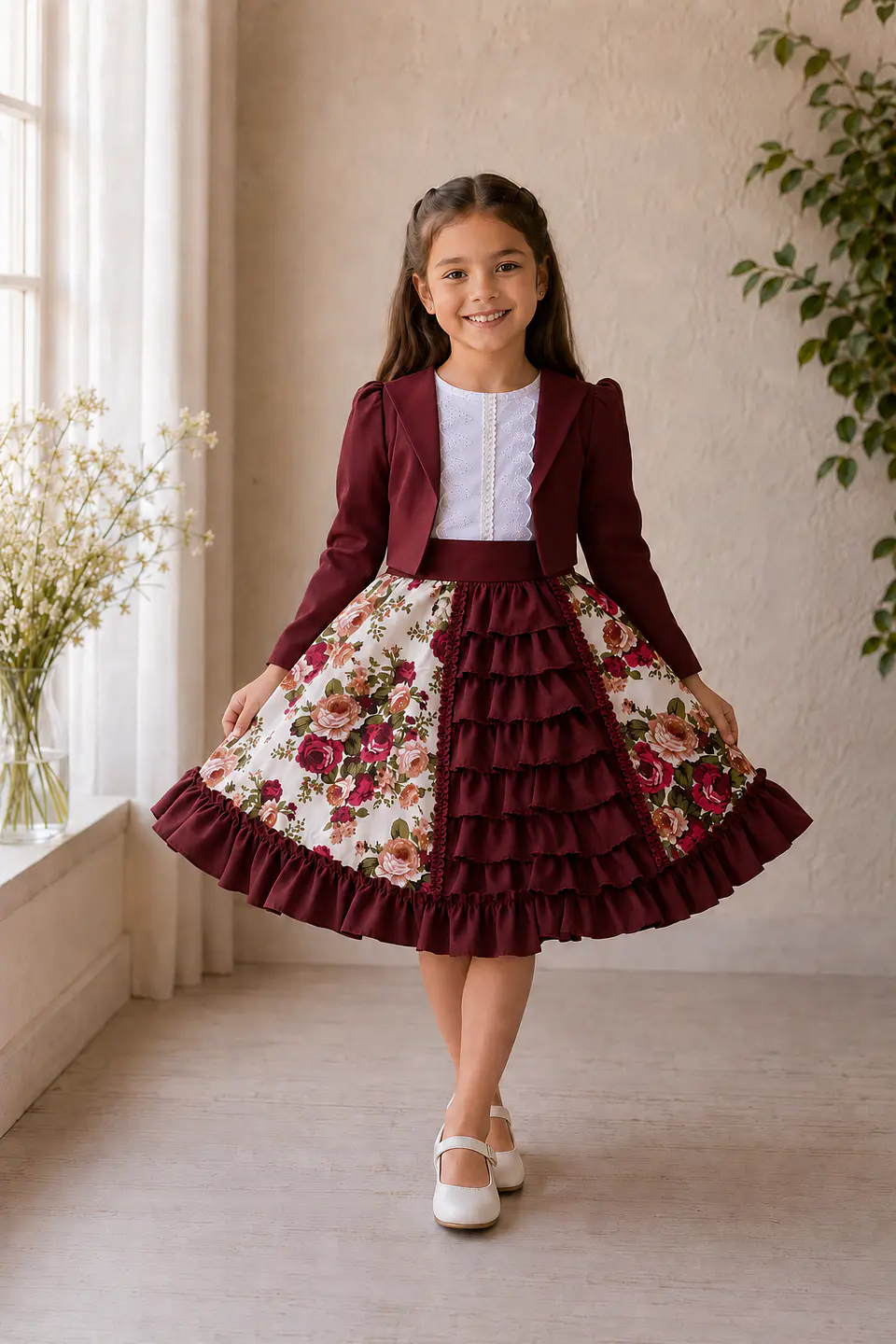 Vestido de Huasita Infantil Burdeo Floral 3