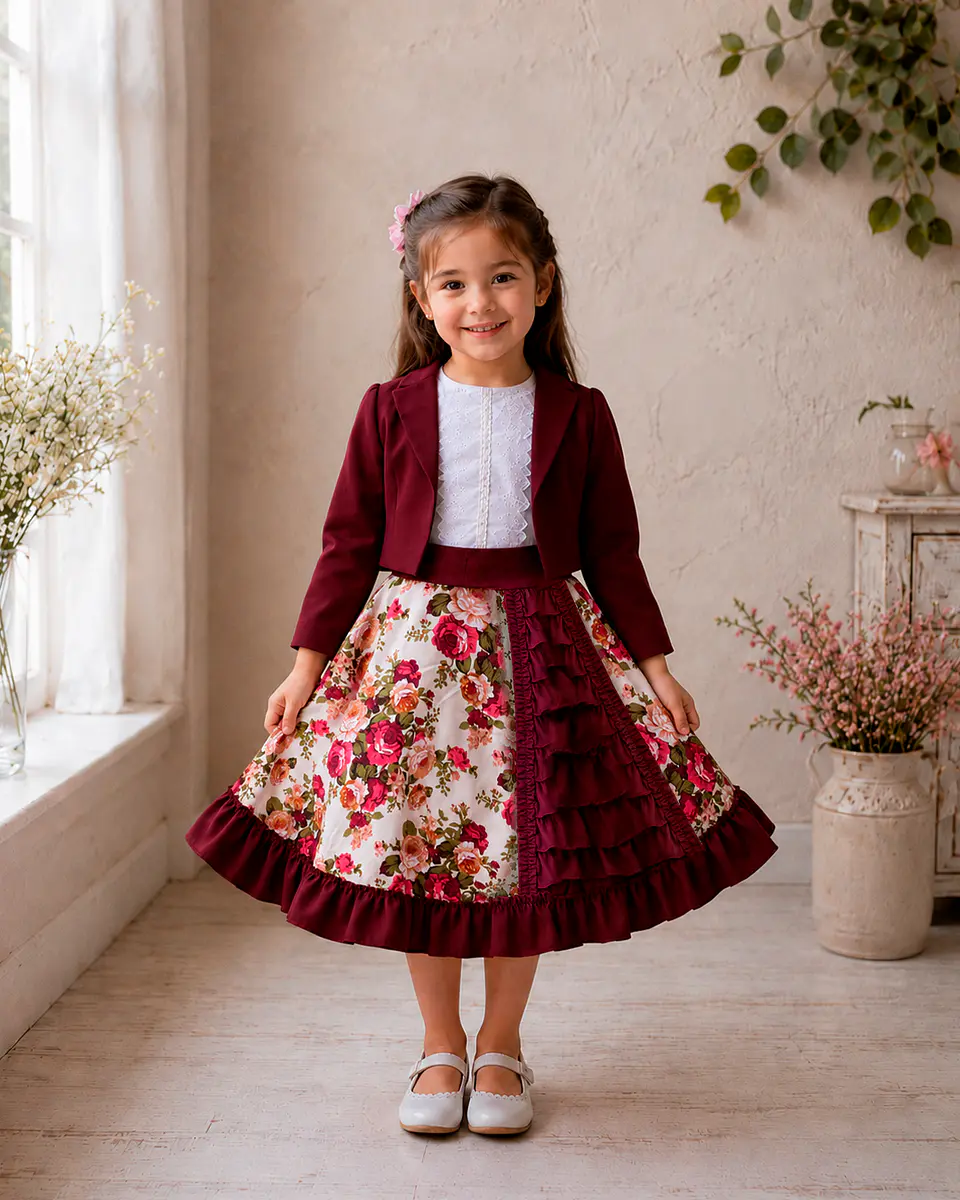 Vestido de Huasita Infantil Burdeo Floral 2