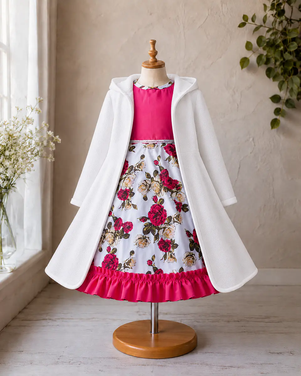 Vestido de Huasita Infantil Fucsia con Rosas 6