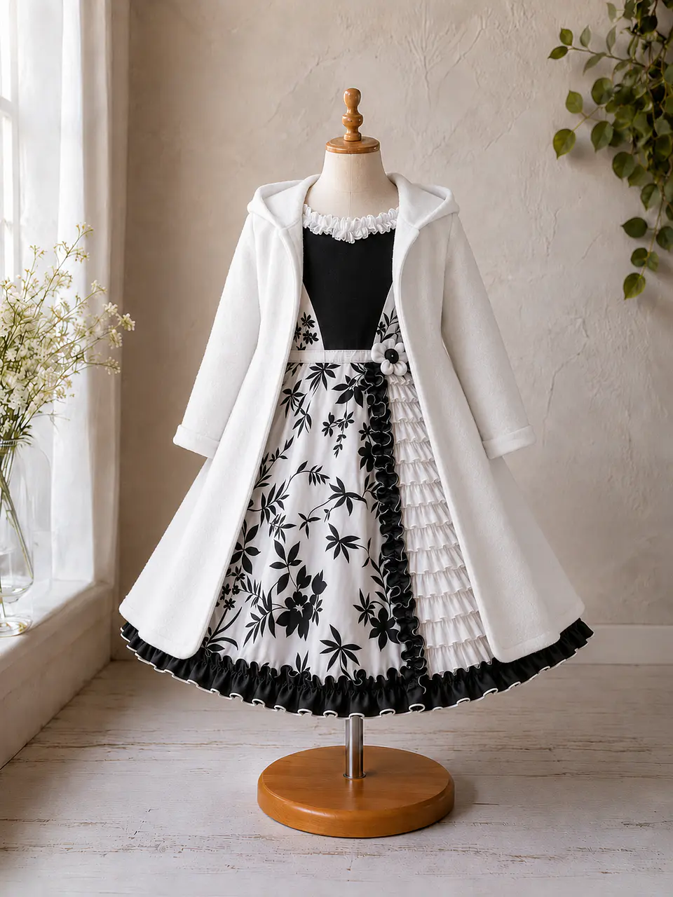 Vestido de Huasita Infantil Blanco y Negro Floral 6