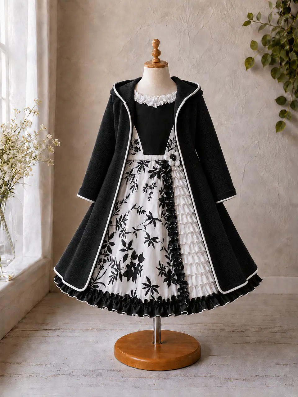 Vestido de Huasita Infantil Blanco y Negro Floral 2