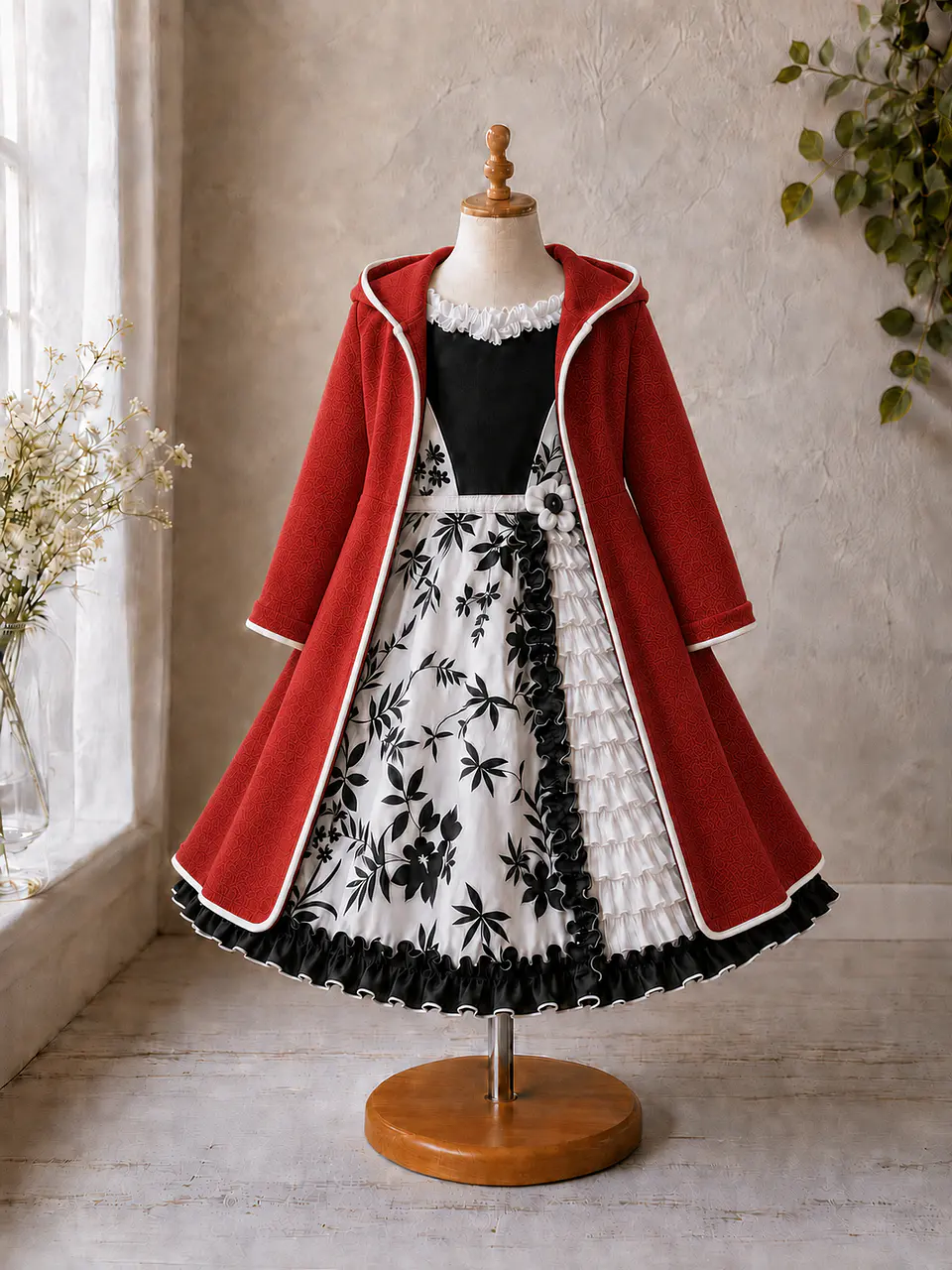 Vestido de Huasita Infantil Blanco y Negro Floral 5