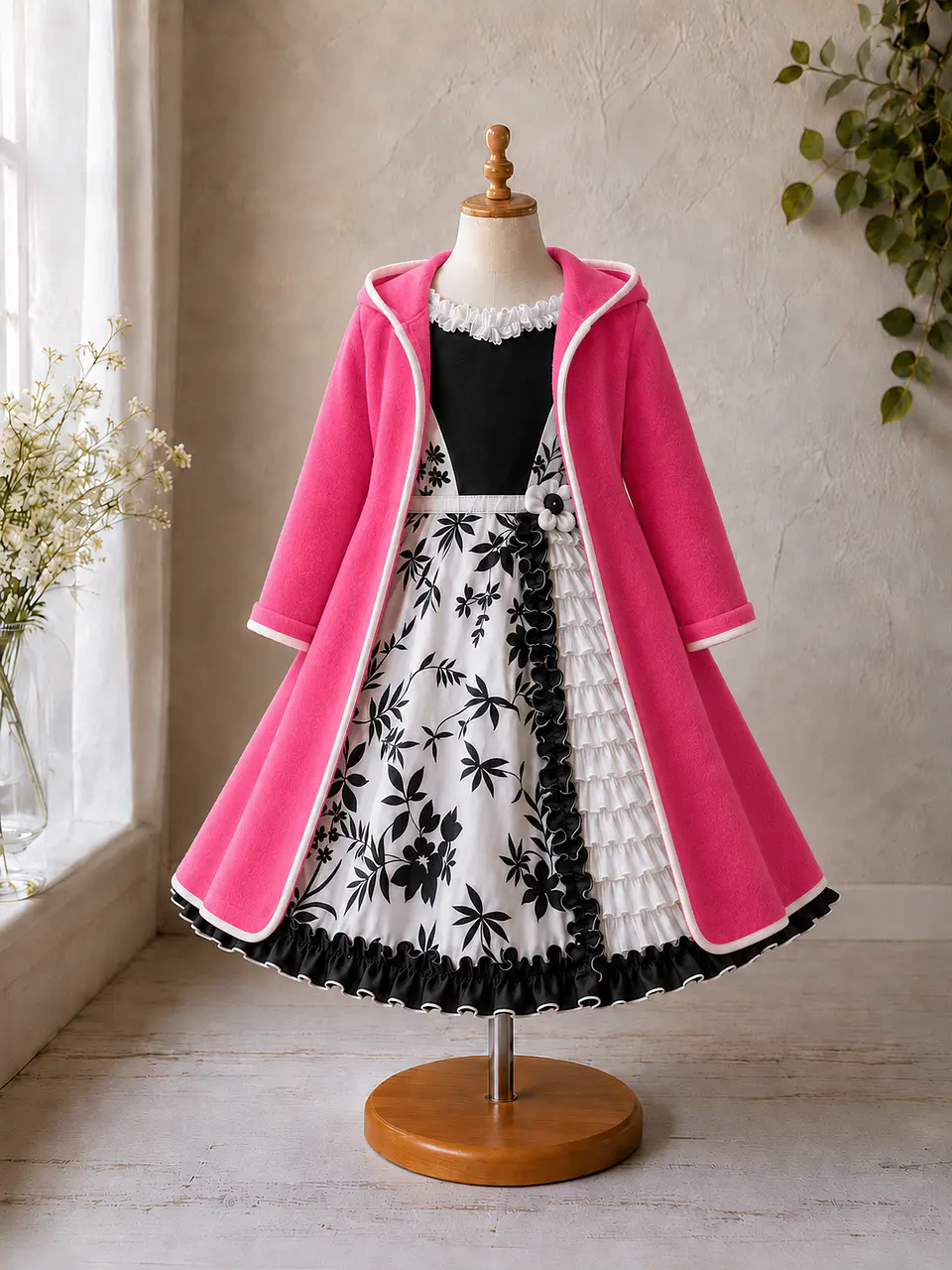 Vestido de Huasita Infantil Blanco y Negro Floral 3