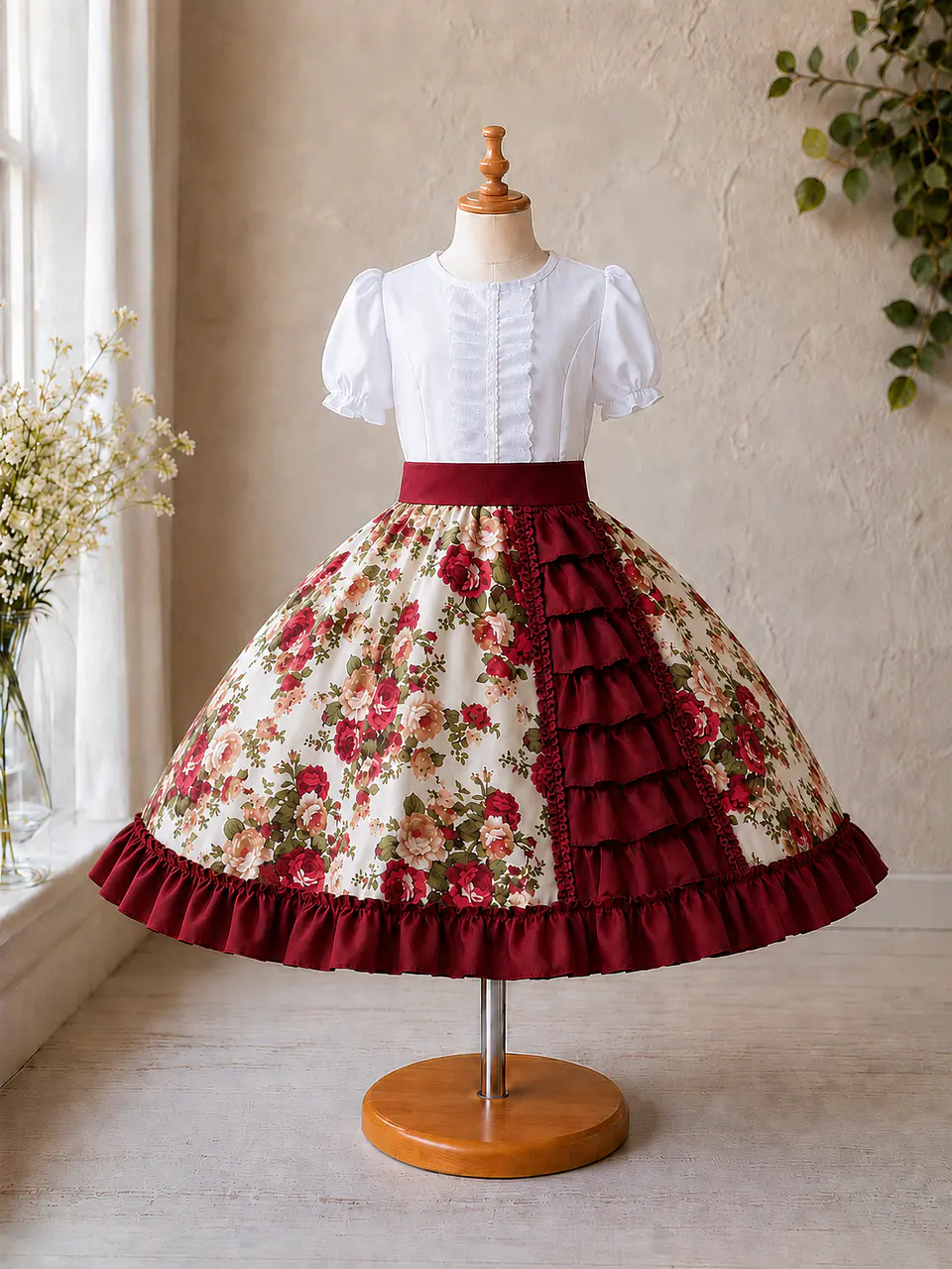 Vestido de Huasita Infantil Burdeo Floral 4