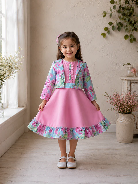 Vestido de Huasita Infantil Rosado Floral