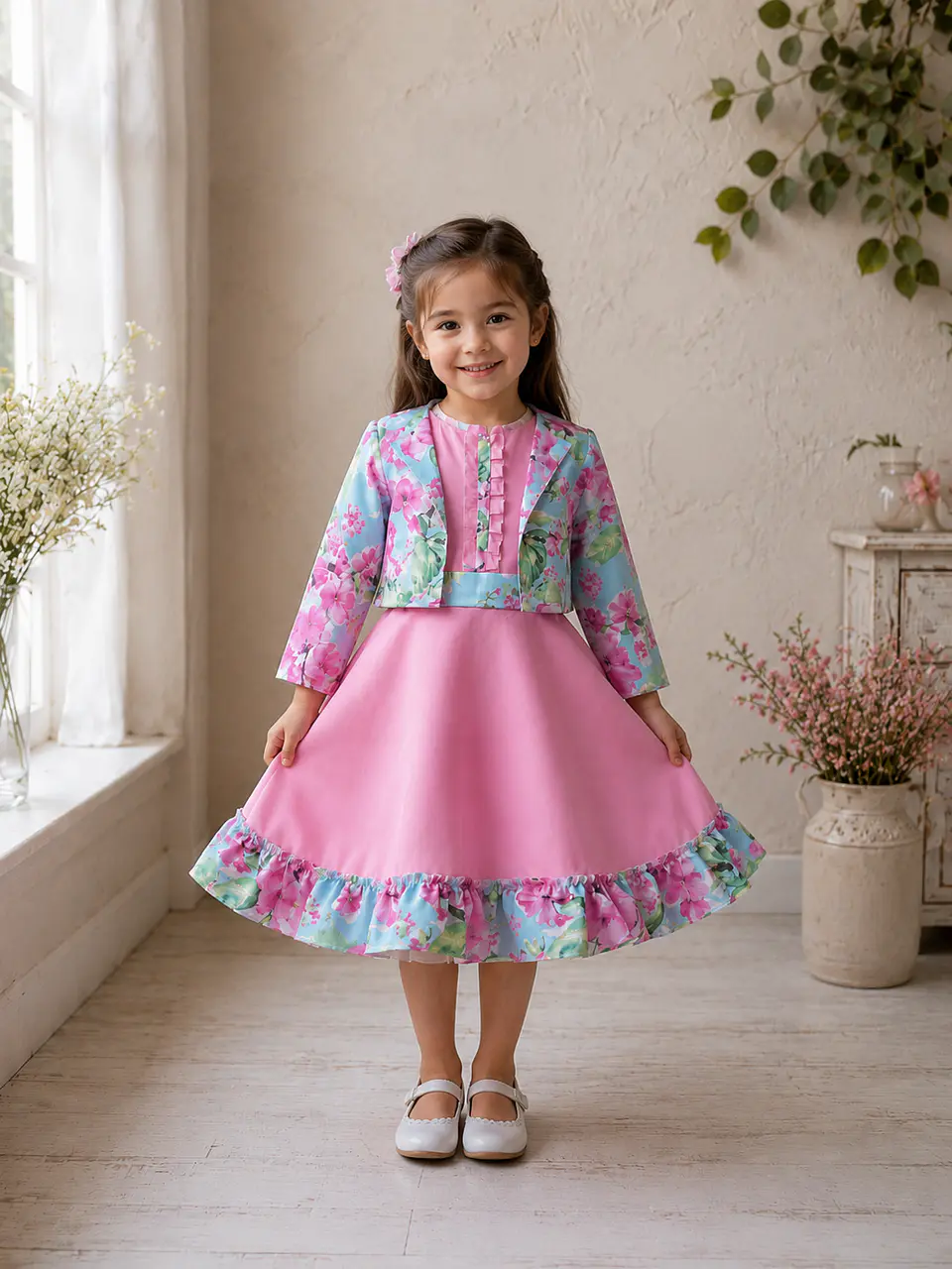 Vestido de Huasita Infantil Rosado Floral 1