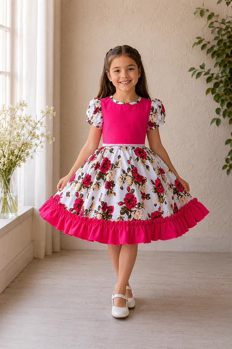 Vestido de Huasita Infantil Fucsia con Rosas