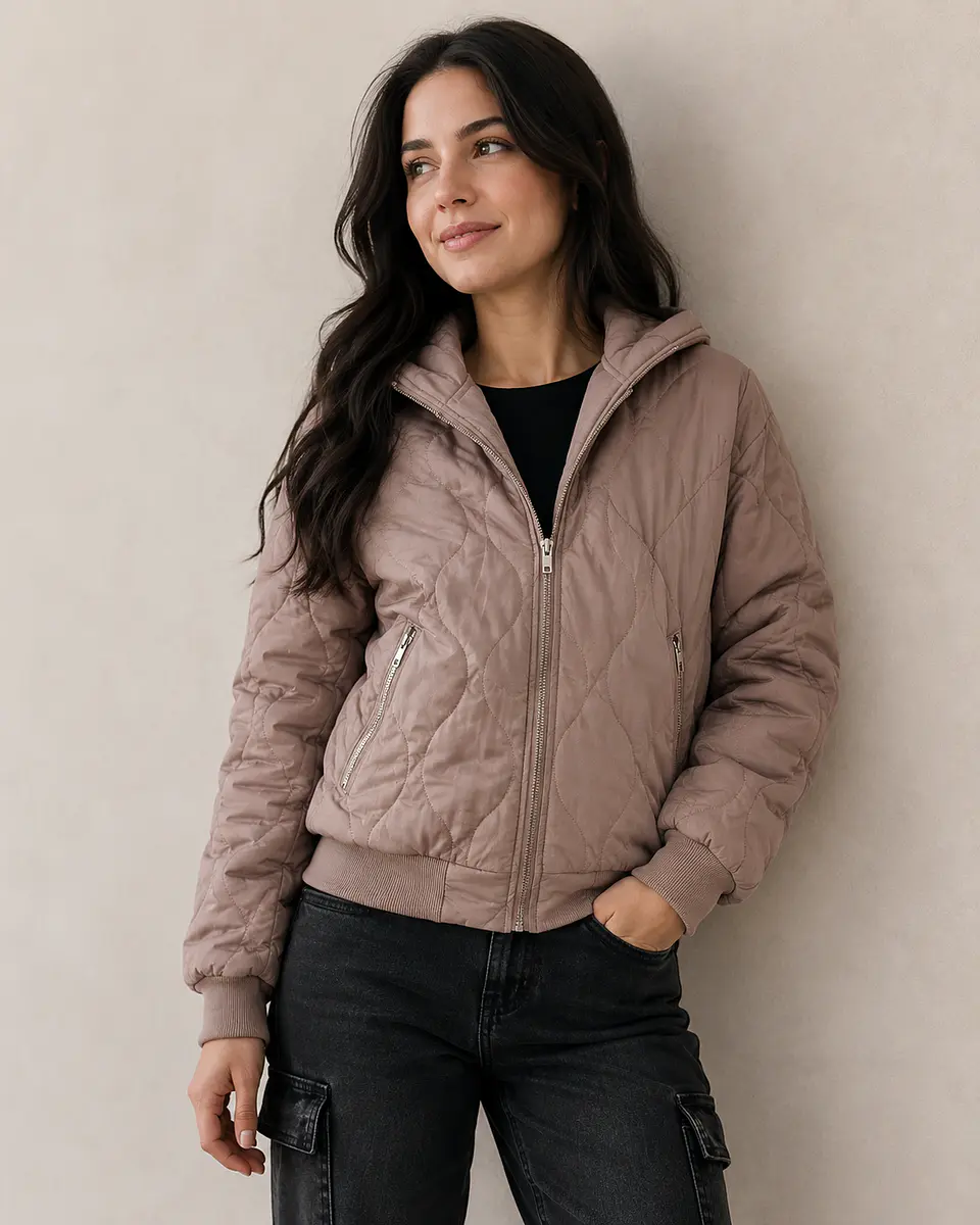 Chaqueta Acolchada Taupe con Capucha 1