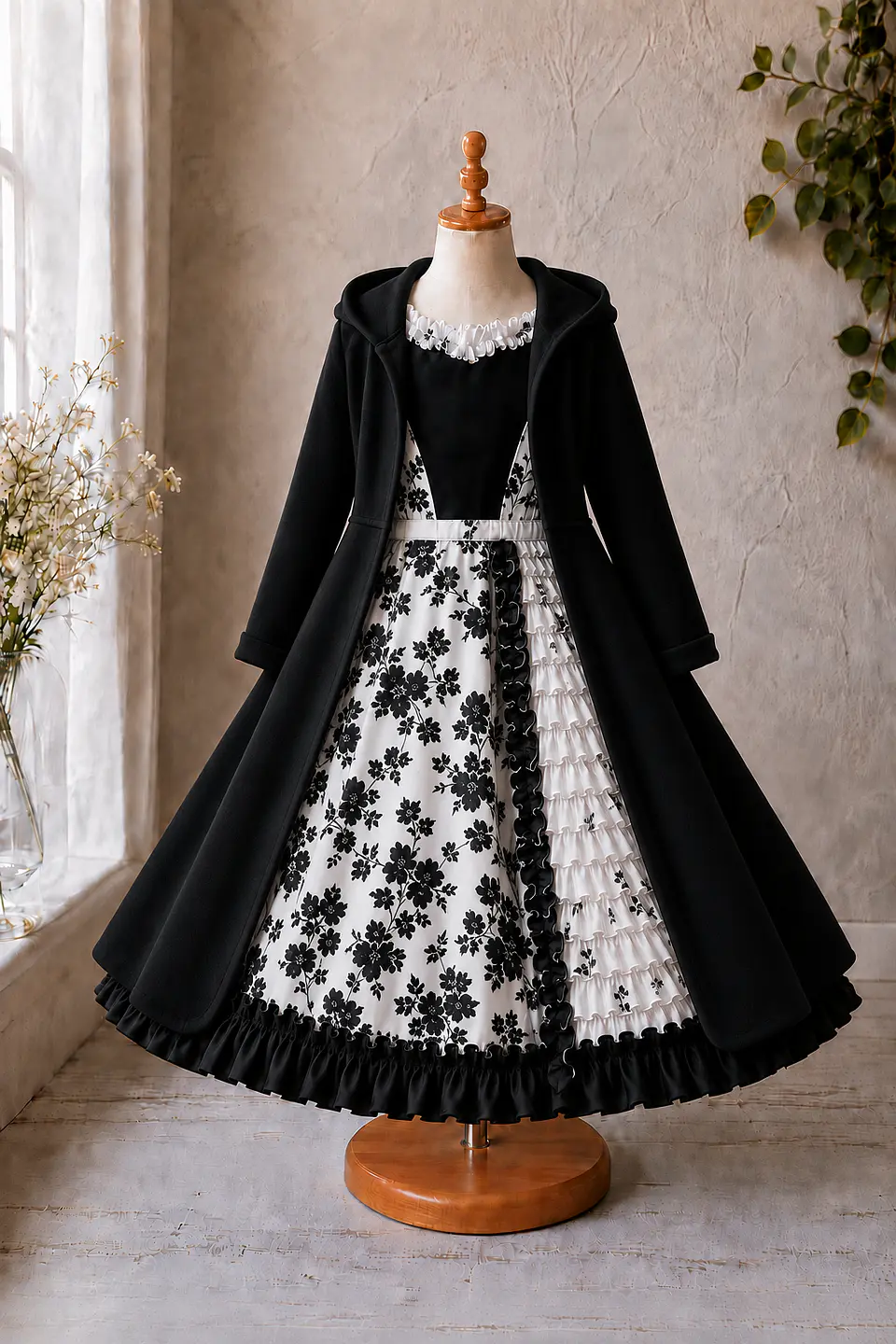 Vestido de Huasita Infantil Blanco y Negro Floral 4