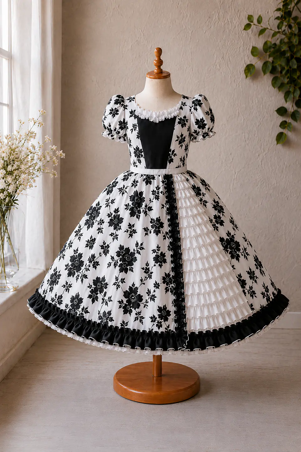 Vestido de Huasita Infantil Blanco y Negro Floral 2