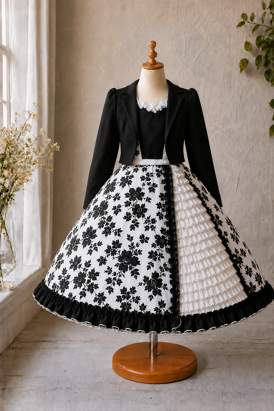 Vestido de Huasita Infantil Blanco y Negro Floral 3