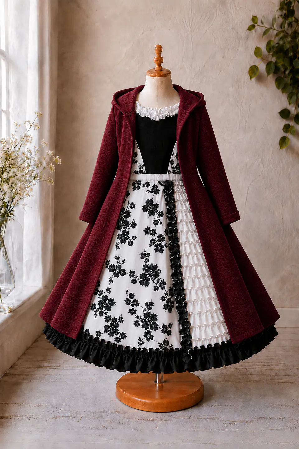 Vestido de Huasita Infantil Blanco y Negro Floral 5