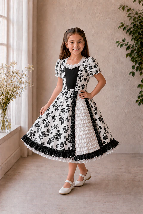 Vestido de Huasita Infantil Blanco y Negro Floral