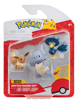 JAZWARES POKEMON BATTLE FEATURE SET 3 FIGURAS EEVEE, WARTORTLE Y MURKROW