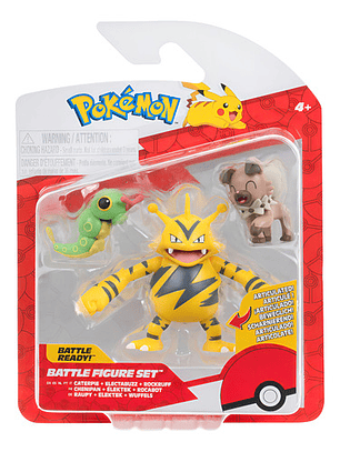 JAZWARES POKEMON BATTLE FEATURE SET 3 FIGURAS CATERPIE, ELECTABUZZ Y ROCKRUFF