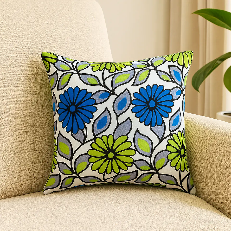Funda Cojín - Flores Azules y Verdes 2