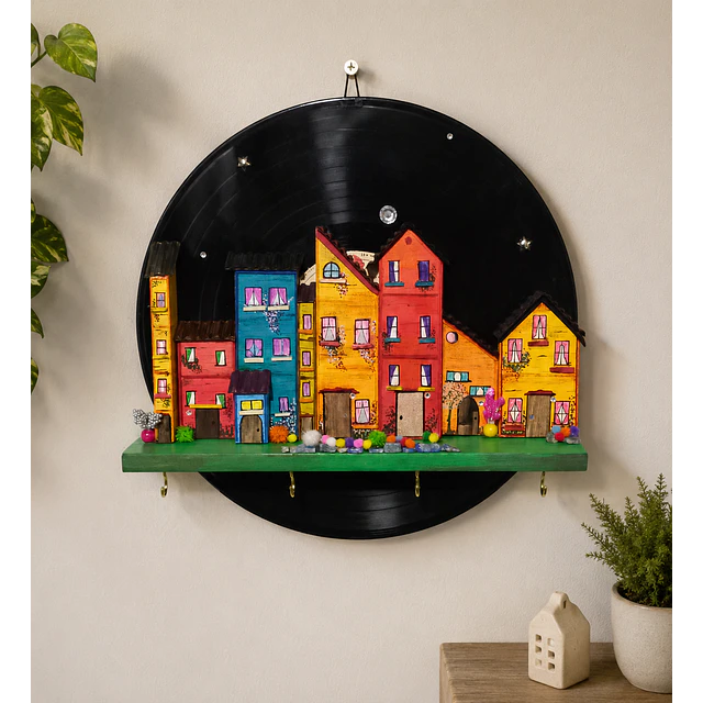 Disco de Vinilo Decorativo con Casas Pintadas a Mano — Llavero Mural Artesanal Único
