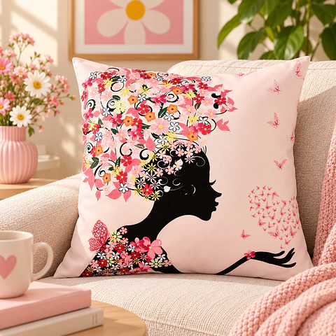 Funda de Cojín Mujer con Flores y Mariposas 45x45 cm