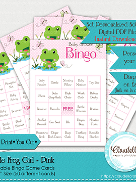 Little Frog Girl - Pink 50 Baby Shower Game Bingo Cards (Filled) Party Favors/Digital File Only