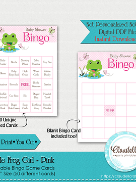 Little Frog Girl - Pink 50 Baby Shower Game Bingo Cards (Filled) Party Favors/Digital File Only
