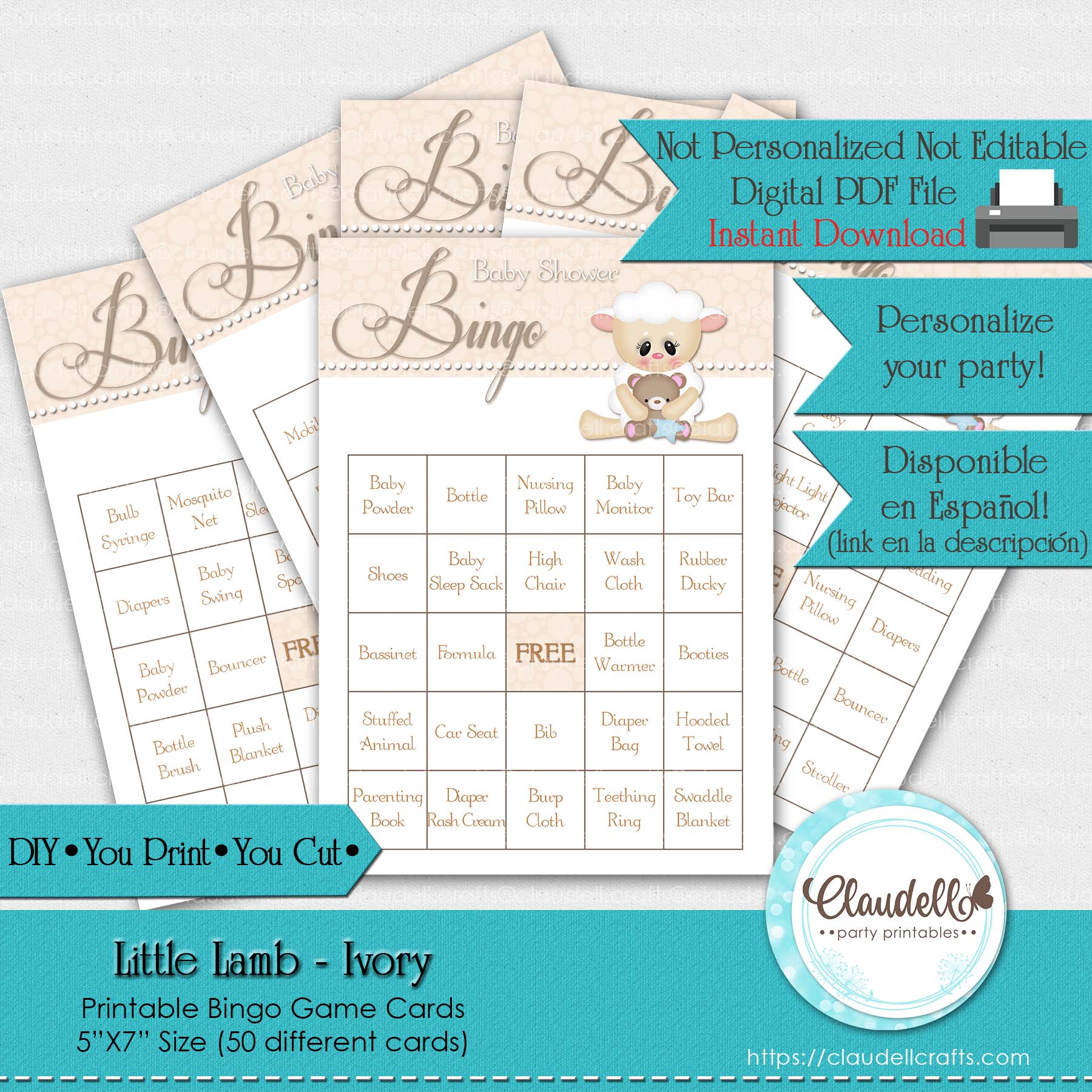 Baby Little Lamb - Ivory 50 Baby Shower Game Bingo Cards (Filled) Party Favors/Digital File Only