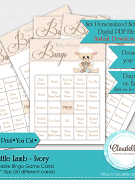 Baby Little Lamb - Ivory 50 Baby Shower Game Bingo Cards (Filled) Party Favors/Digital File Only