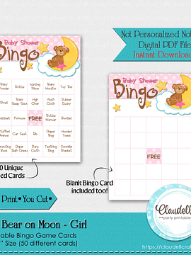 Baby Bear on Moon - Girl Pink 50 Baby Shower Game Bingo Cards (Filled) Party Favors/Digital File Only