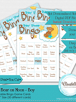 Baby Bear on Moon - Boy Blue 50 Baby Shower Game Bingo Cards (Filled) Party Favors/Digital File Only