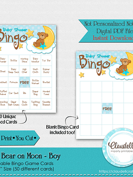 Baby Bear on Moon - Boy Blue 50 Baby Shower Game Bingo Cards (Filled) Party Favors/Digital File Only