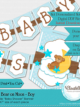 Baby Bear on Moon - Boy Blue Baby Shower Banner Bear Baby Shower/Digital File Only