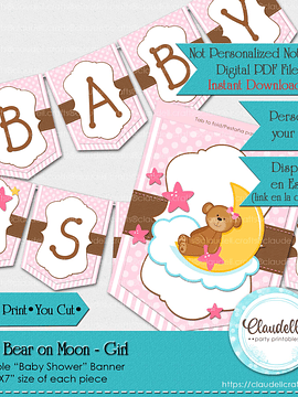 Baby Bear on Moon - Girl Pink Baby Shower Banner Bear Baby Shower/Digital File Only