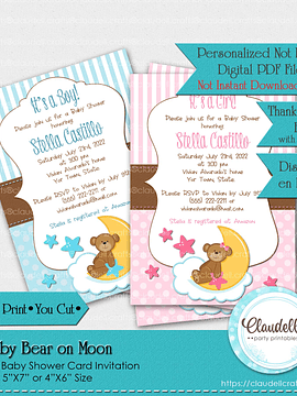 Baby Bear on Moon - Blue Pink Baby Shower Invitation Card/Digital File Only