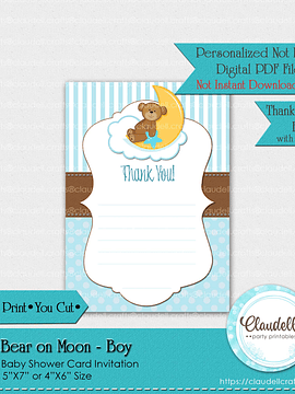 Baby Bear on Moon - Blue Pink Baby Shower Invitation Card/Digital File Only