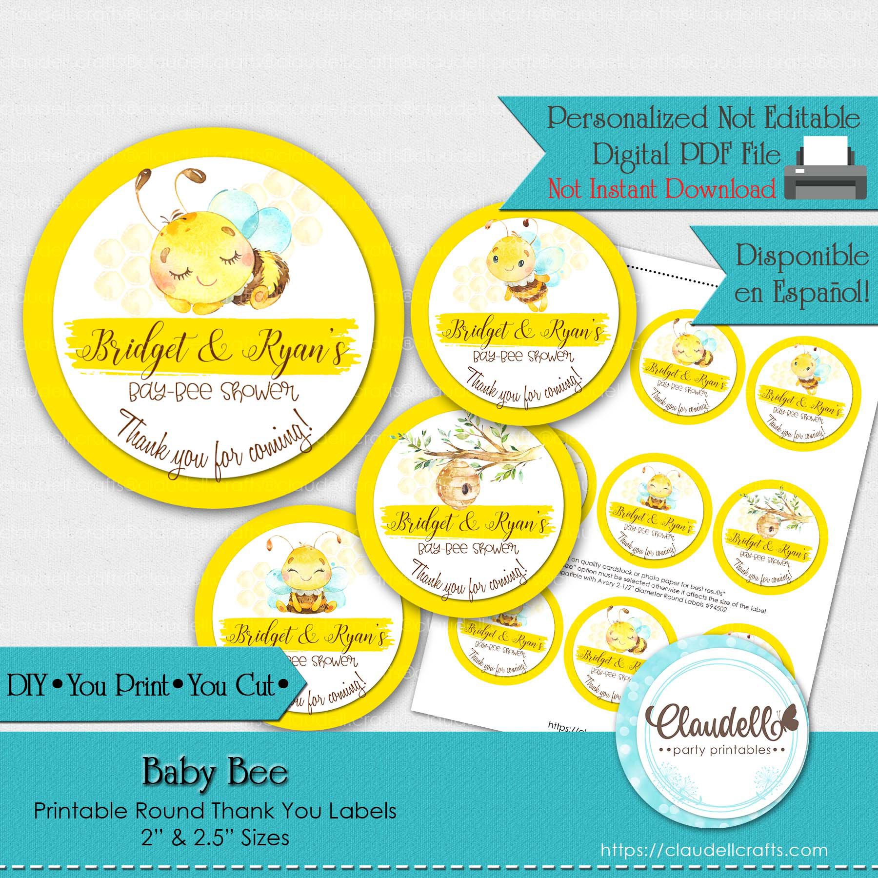 Baby Bee Baby Shower Thank You Round Labels Party Favors/Digital File Only