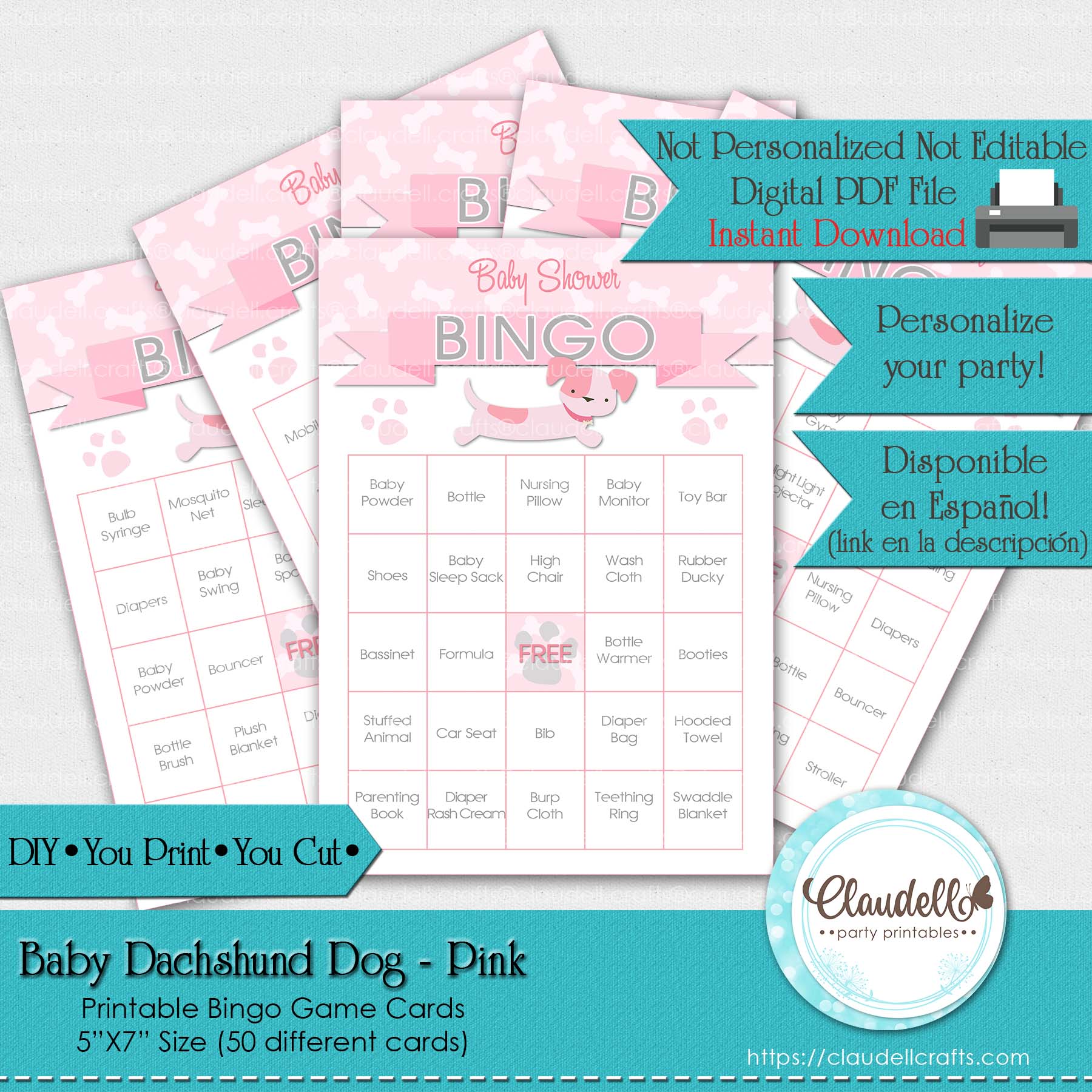 Baby Dachshund Dog - Pink 50 Baby Shower Game Bingo Cards (Filled) Party Favors/Digital File Only